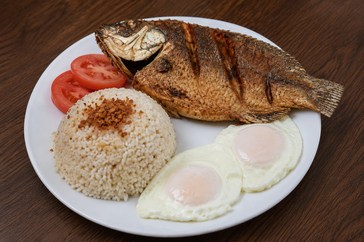 Tilapia — whole fried tilapia with garlic rice, tomatoes, and two eggs