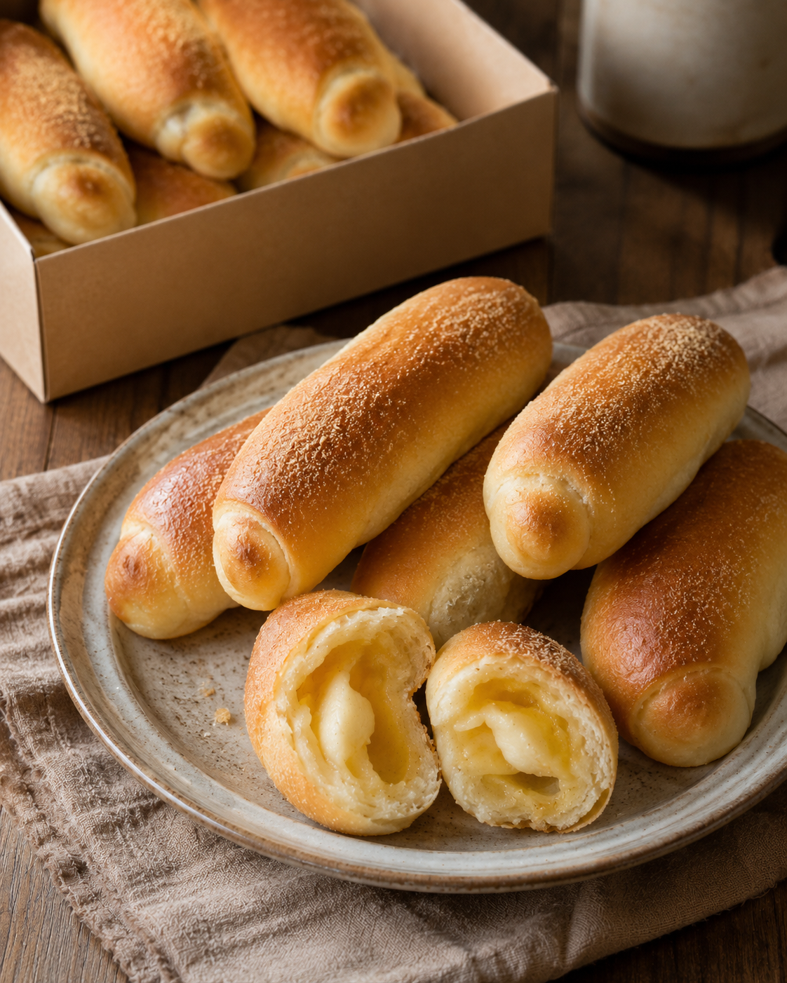 Freshly baked Filipino custard-filled bread rolls on a plate