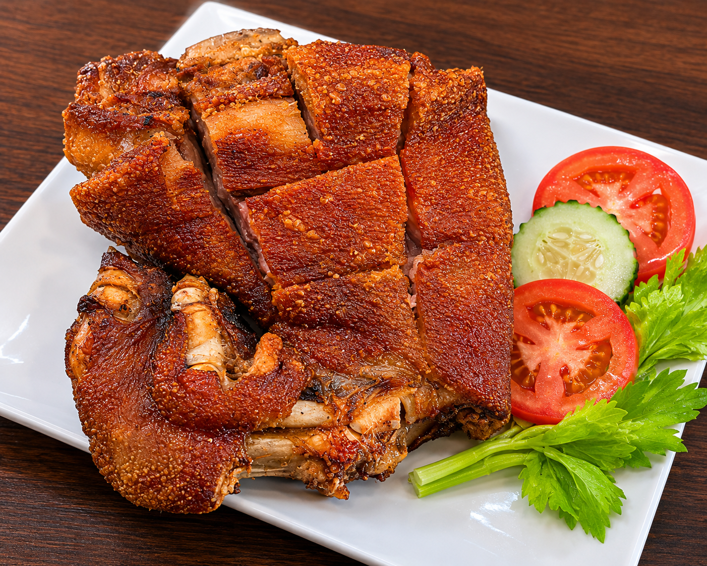 Crispy Pata — deep-fried pork leg with shatter-crisp golden skin, served with tomato and cucumber