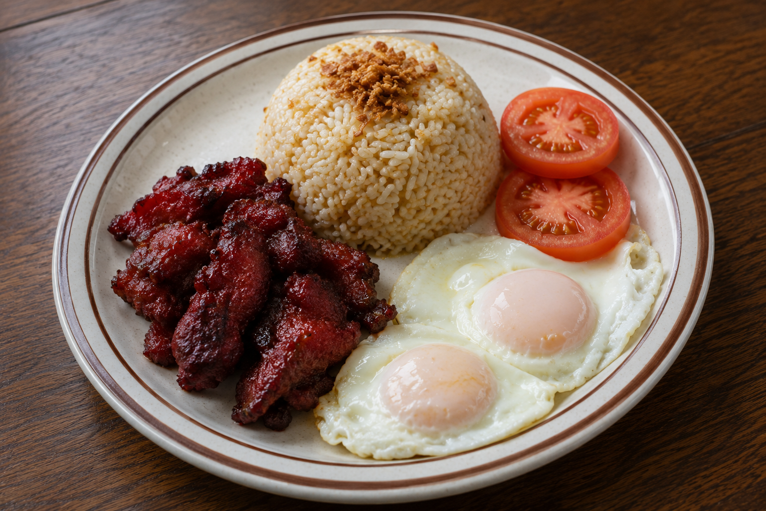 Longsilog — sweet-cured Filipino longganisa sausage with garlic fried rice, two sunny eggs, and fresh tomato
