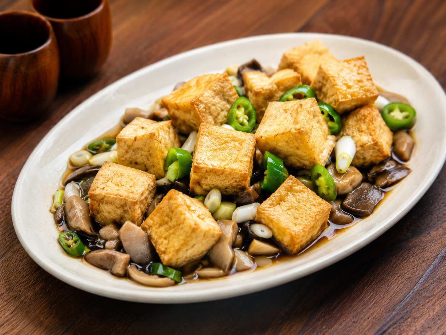 Golden fried tofu with mushrooms, green chilies, and scallions in savory sauce
